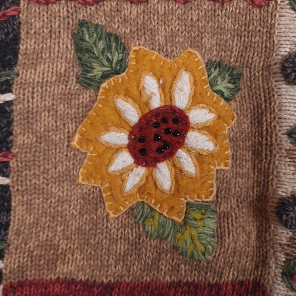 Handknit Country Cardigan Sweater Womens Large Farm Flower Rooster Sunflower - Picture 7 of 16